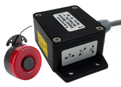 The Transmon Engineering forklift shock sensor attached to a red auditory alarm.